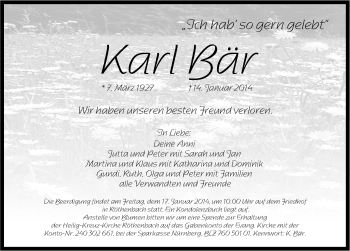 Traueranzeige von Karl Bär von Pegnitz-Zeitung